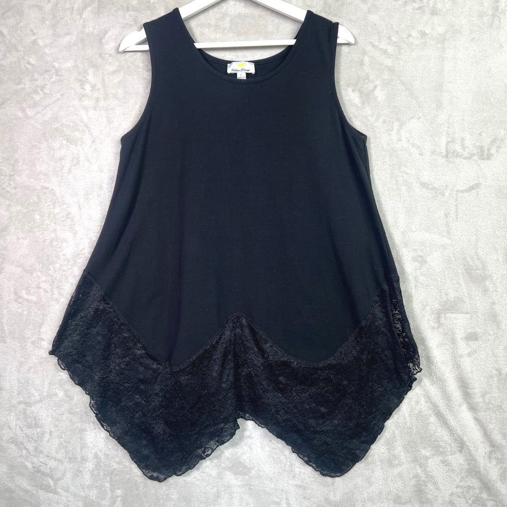 Kathleen Kirkwood Black Tank Top Tunic Lace Hem Asymmetrical Hem Women's L Boho